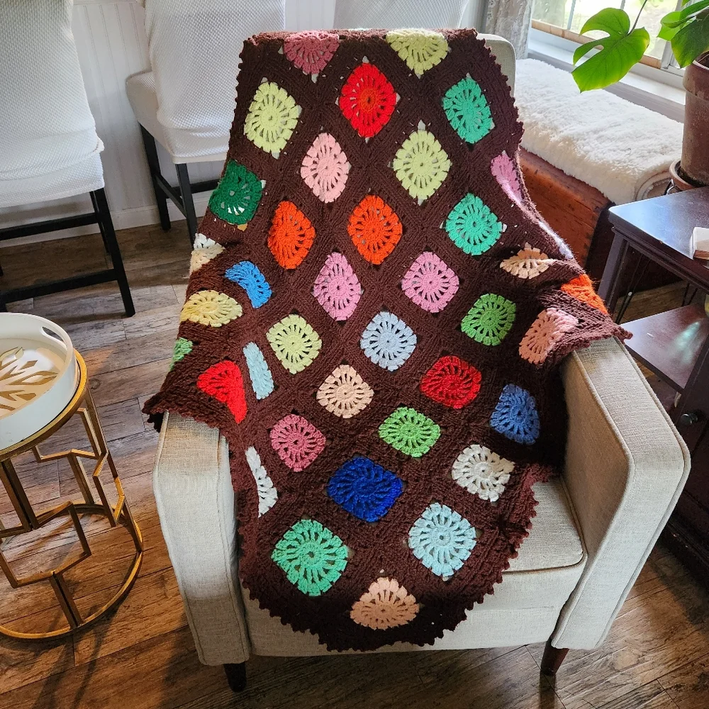 Granny Square Afghan Homemade Crochet Blanket Roseanne Style 36